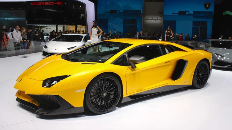 Yellow Lamborghini Aventador at Geneva Auto Show 2015