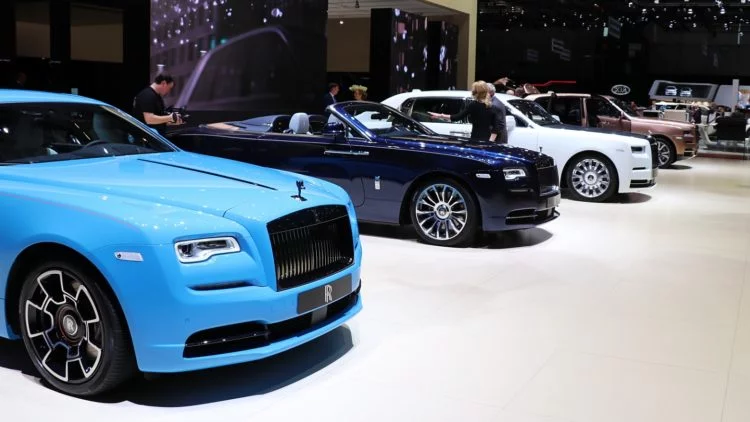 Rolls-Royces at Geneva Auto Salon 2019. Worldwide car sales were weaker in 2019 but Rolls-Royce cars sold in record numbers.